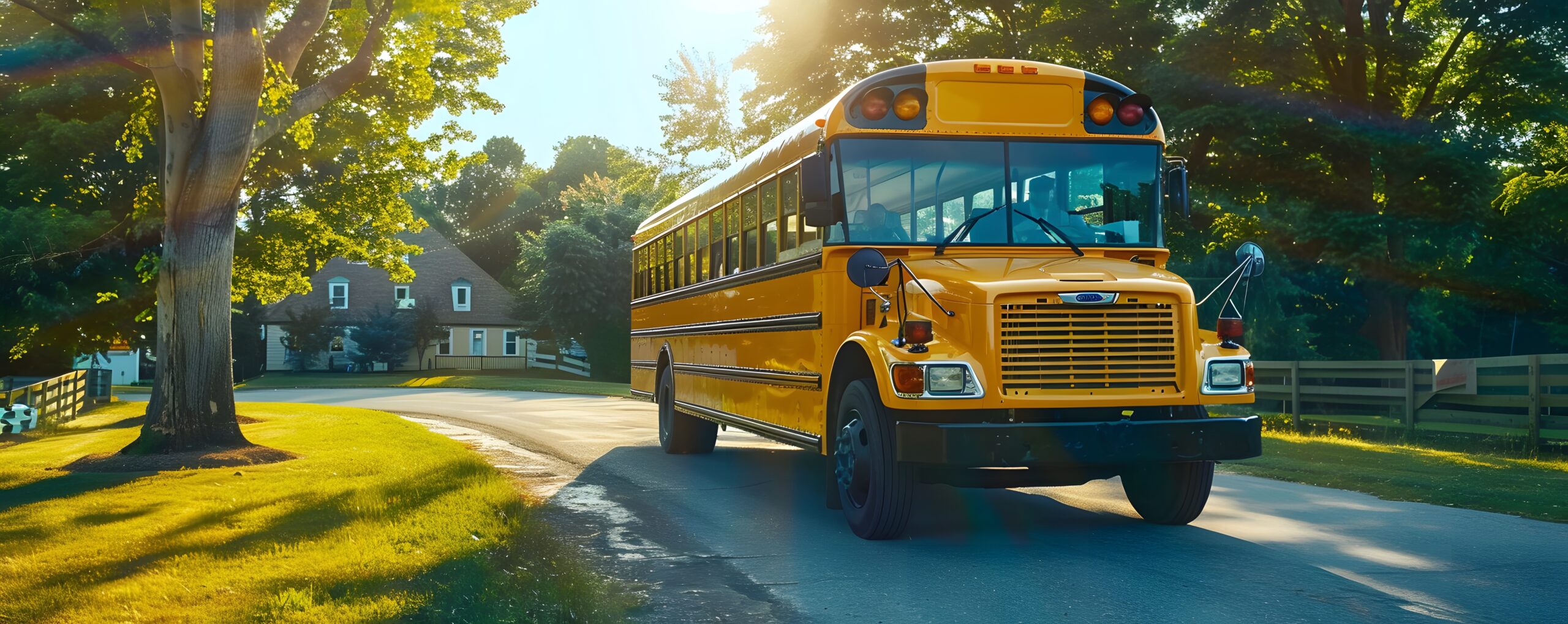 A bright yellow school bus driving through a serene suburban neighborhood under the morning sun with lush green trees all around.