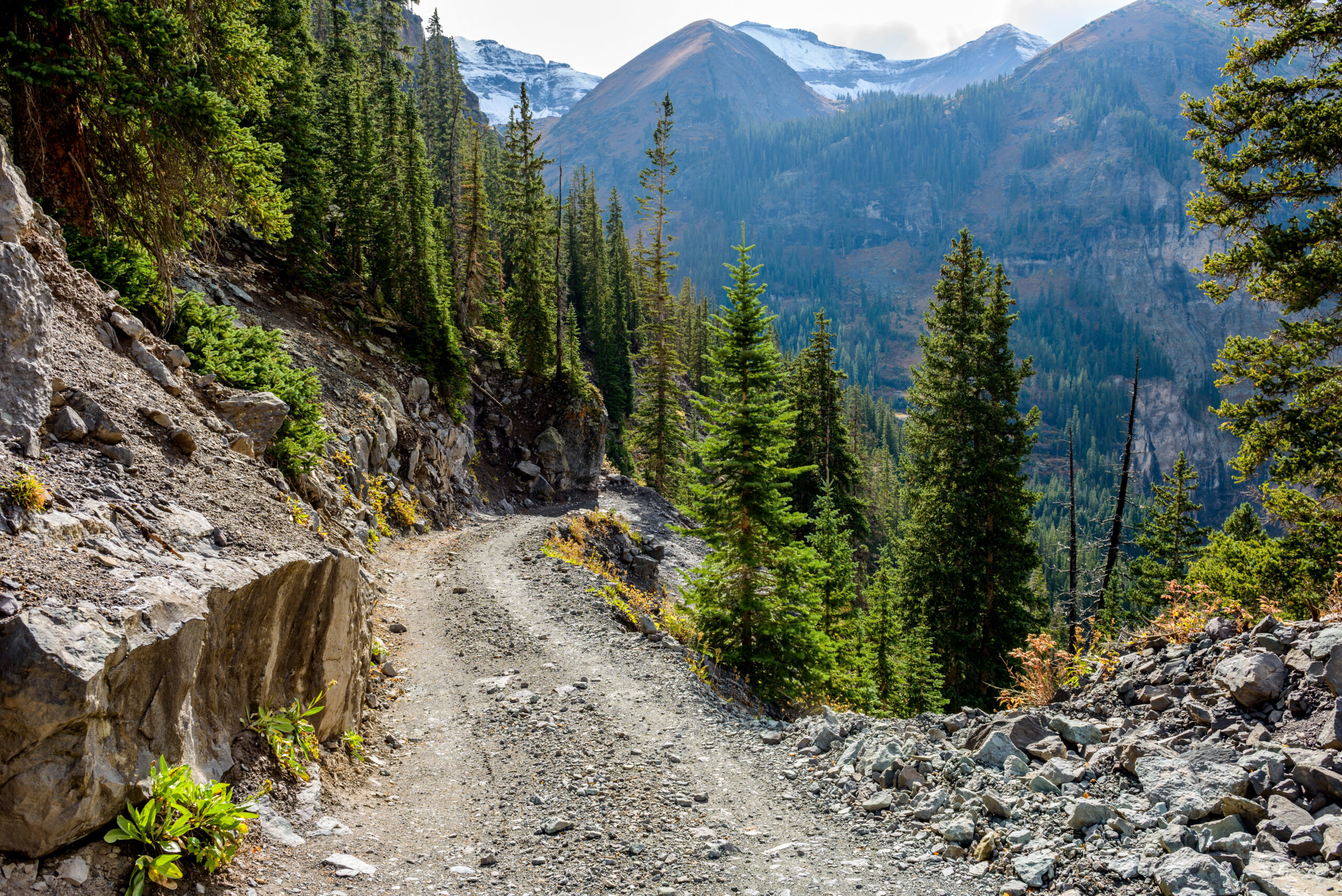 Beautiful scenic mountain view with dirt road ahead. Pine trees and boulders cover the sides of the road.  