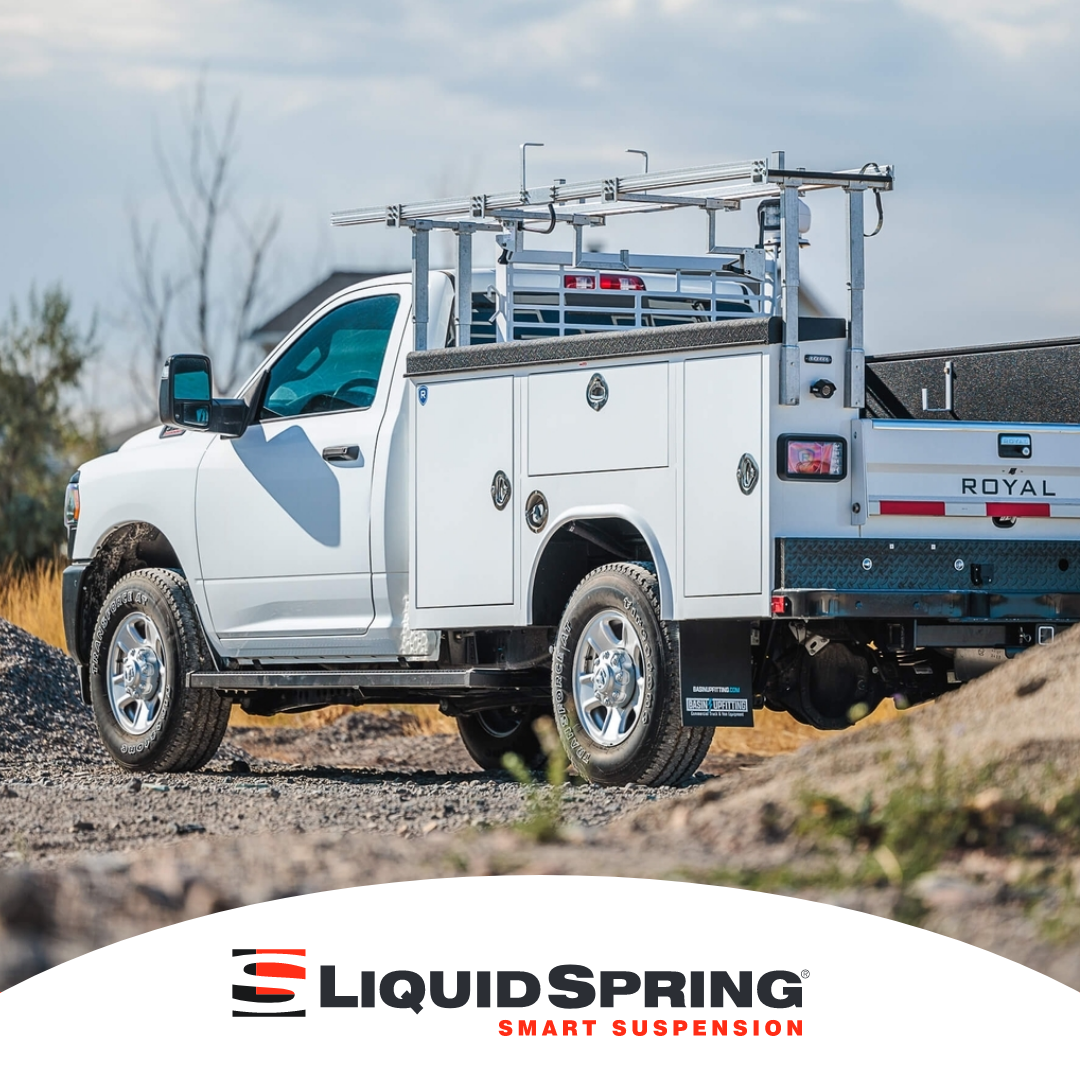 Basin Upfitter white truck with LiquidSpring on a work truck suspension